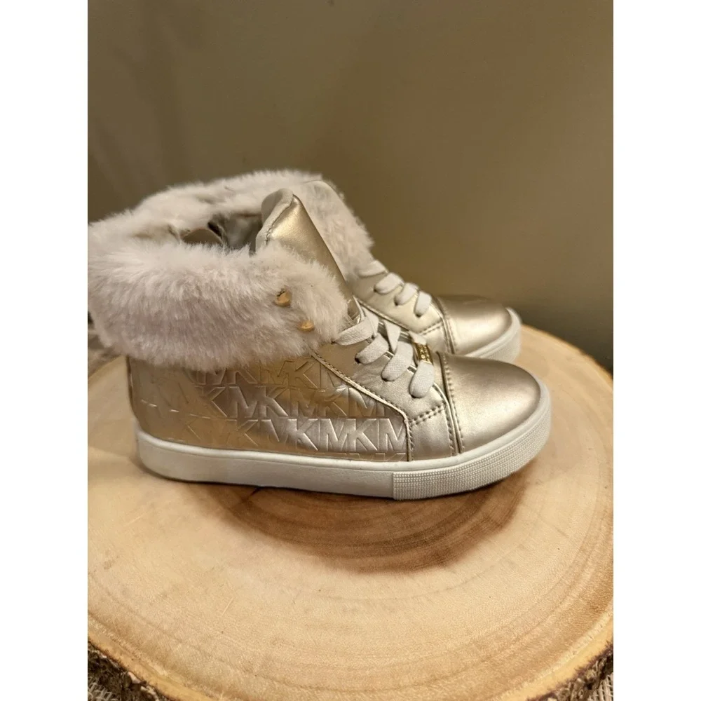 Michael Kors Poloma Fluff Sneaker Gold Boots Logo Monogram Fur Trim Girls‎ Sz-13